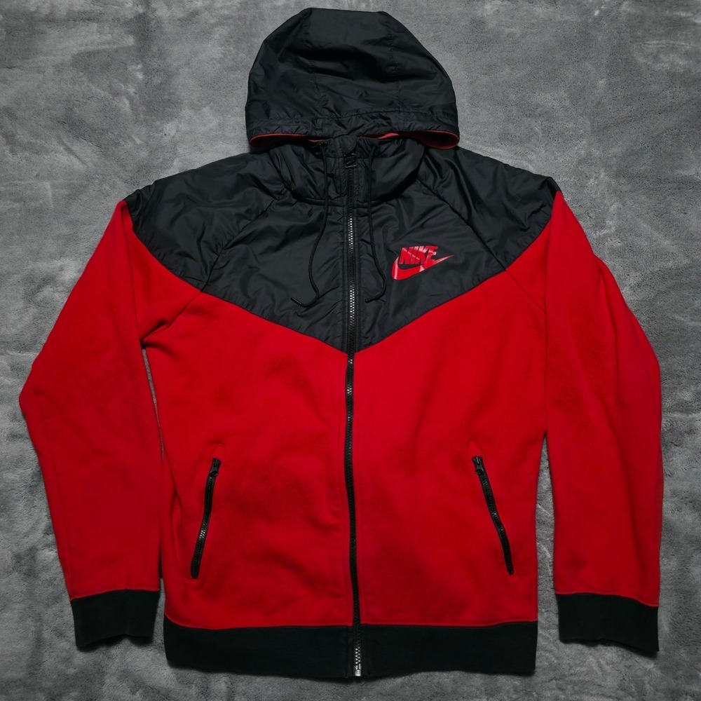 Nike Tech Style Jacket Mens Large Red Windrunner Fleece Hooded Two Tone 614516